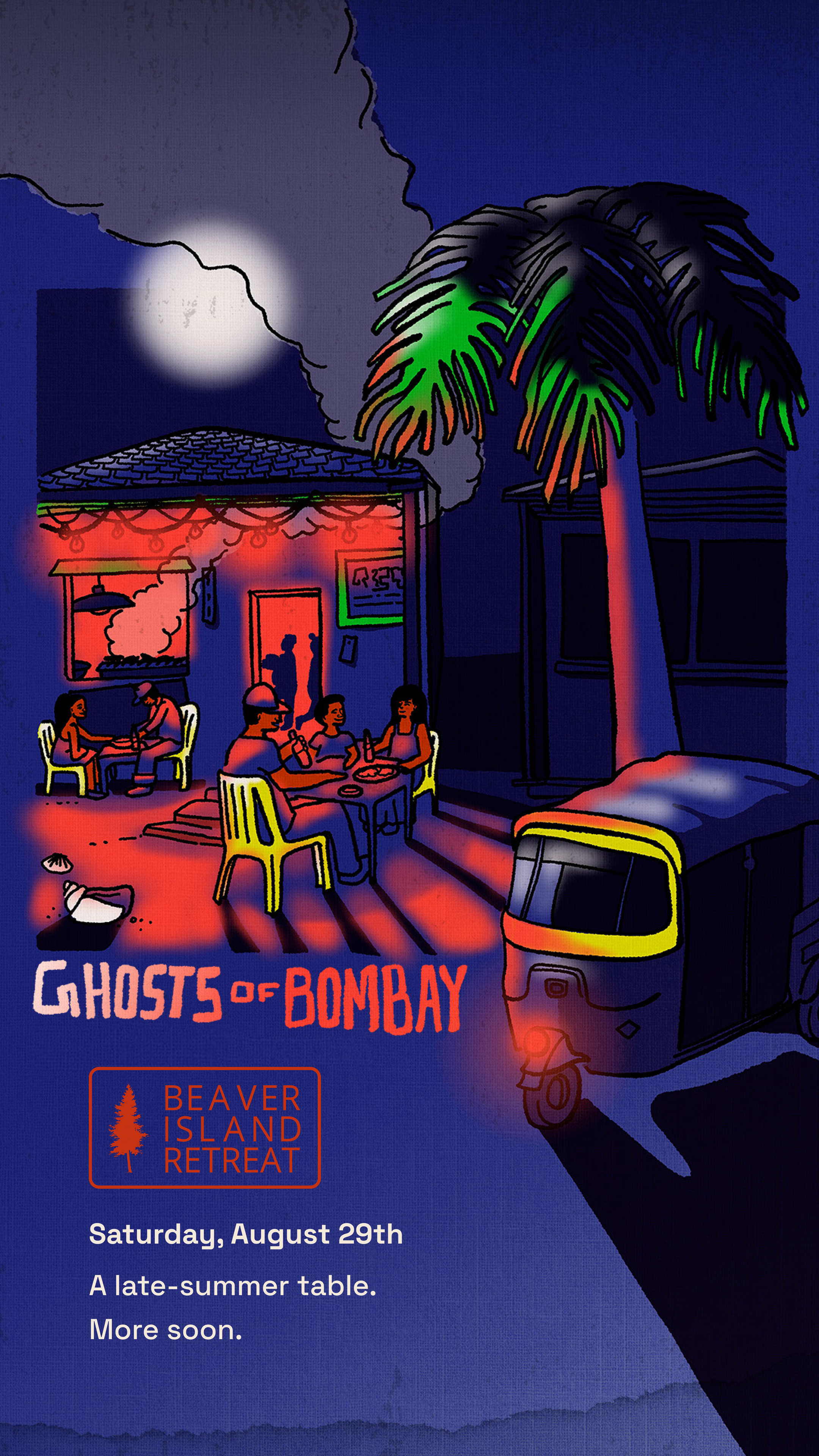 An illustrated Bombay night scene with diners outside a glowing restaurant beneath palm trees